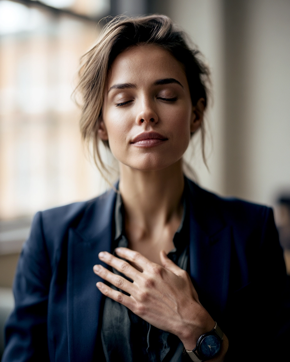 Basis Emotionen Transformation – Hand auf dem Herzbereich, ruhiger Ausdruck